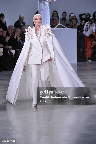 Carmen Dell'Orefice walks the runway during the Stephane Rolland Spring/Summer 2013 Haute-Couture show as part of Paris Fashion Week at Palais De...