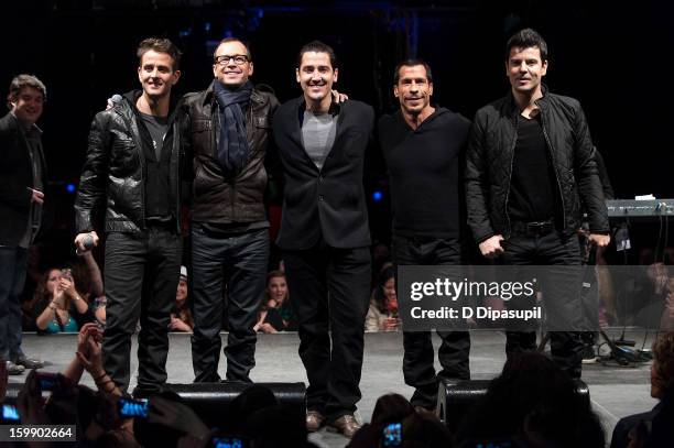 Joey McIntyre, Donnie Wahlberg, Jonathan Knight, Danny Wood, and Jordan Knight of New Kids on the Block attend the Package Tour Special Announcement...