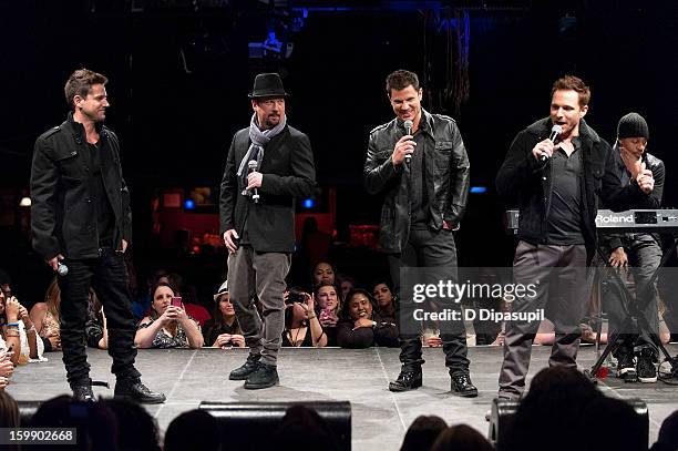 Jeff Timmons, Justin Jeffre, Nick Lachey, and Drew Lachey of 98 Degrees attend the Package Tour Special Announcement at Irving Plaza on January 22,...