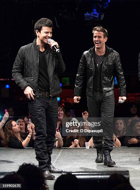 New Kids on the Block members Jordan Knight and Joey McIntyre attend the Package Tour Special Announcement at Irving Plaza on January 22, 2013 in New...