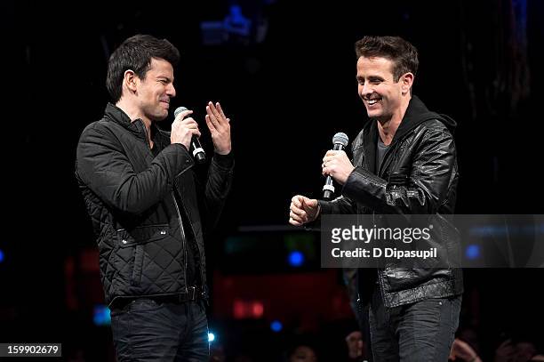 New Kids on the Block members Jordan Knight and Joey McIntyre attend the Package Tour Special Announcement at Irving Plaza on January 22, 2013 in New...
