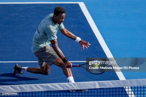 Gael Monfils La Monf plays a backhand in the volley against Alexander Bublik The Bublik Enemy during the Ultimate Tennis Showdown at Dignity Health...