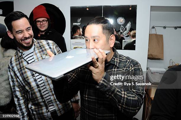 Mike Shinoda and Joe Hahn of Linkin Park attend Sebago and Linkin Parks launch of their collaboration at Reed Space NYC on January 22, 2013 in New...