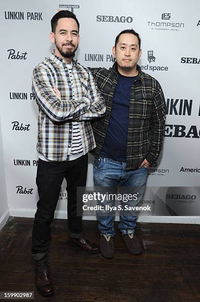 Mike Shinoda and Joe Hahn of Linkin Park attend Sebago and Linkin Park launch of their collaboration at Reed Space NYC on January 22, 2013 in New...