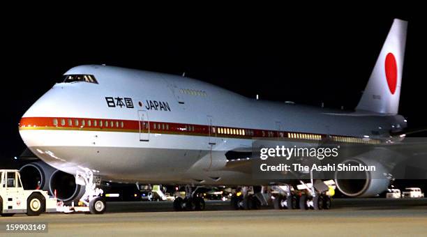 Japanese government aircraft sits at Tokyo International Airport on January 22, 2013 in Tokyo, Japan. The government aircraft will bring home seven...