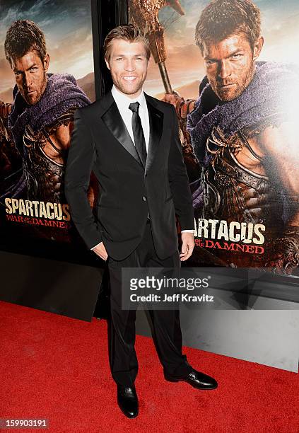 Actor Liam McIntyre attends the "Spartacus: War Of The Damned" premiere at Regal Cinemas L.A. LIVE Stadium 14 on January 22, 2013 in Los Angeles,...