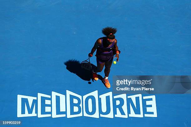 Serena Williams of the United States of America walks back to prepare for the next point in her Quarterfinal match against Sloane Stephens of the...