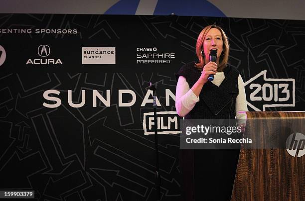 Sundance Institute Executive Director Keri Putnam speaks onstage during the Sundance Institute Mahindra Global Filmmaking Award Reception at Sundance...
