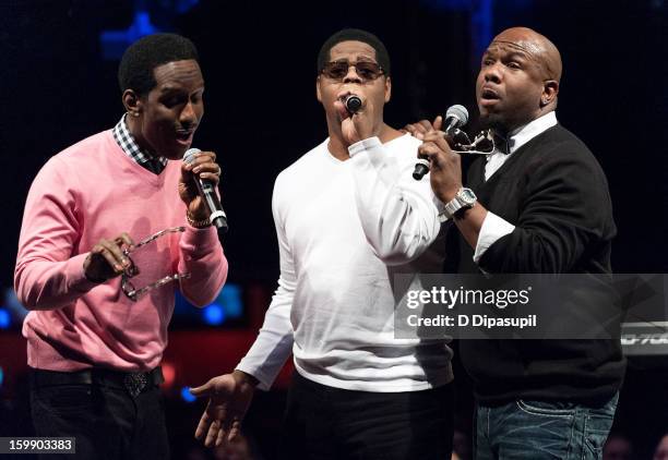 Shawn Stockman, Nathan Morris, and Wanya Morris of Boyz II Men perform during the Package Tour Special Announcementat Irving Plaza on January 22,...