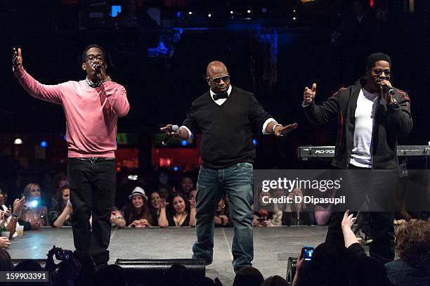Shawn Stockman, Wanya Morris, and Nathan Morris of Boyz II Men perform during the Package Tour Special Announcementat Irving Plaza on January 22,...