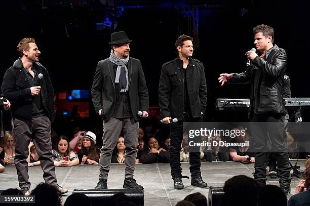 Degrees members Drew Lachey, Justin Jeffre, Jeff Timmons, and Nick Lachey attend the Package Tour Special Announcementat Irving Plaza on January 22,...