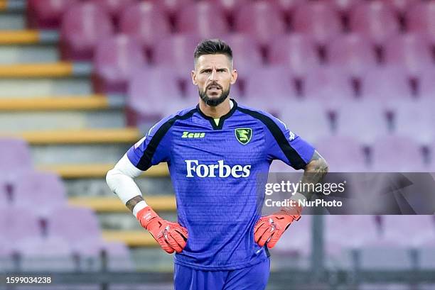 Benoit Costil of US Salernitana looks on during the Coppa Italia match between US Salernitana and Calcio at Stadio Arechi on August 13, 2023 in...