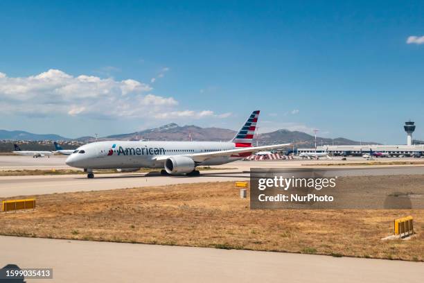 American Airlines Boeing 787 Dreamliner aircraft as seen taxiing in Athens International Airport ATH for departure flight to Philadelphia PHL airport...