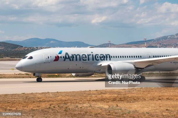 American Airlines Boeing 787 Dreamliner aircraft as seen taxiing in Athens International Airport ATH for departure flight to Philadelphia PHL airport...