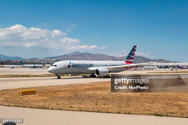 American Airlines Boeing 787 Dreamliner aircraft as seen taxiing in Athens International Airport ATH for departure flight to Philadelphia PHL airport...