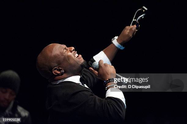 Wanya Morris of Boyz II Men performs during the Package Tour Special announcement at Irving Plaza on January 22, 2013 in New York City.