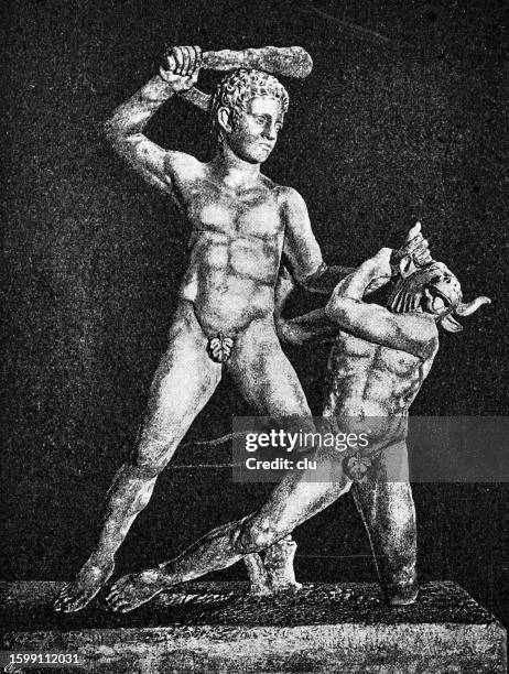 ilustrações de stock, clip art, desenhos animados e ícones de theseus slays the minotaur - minotauro