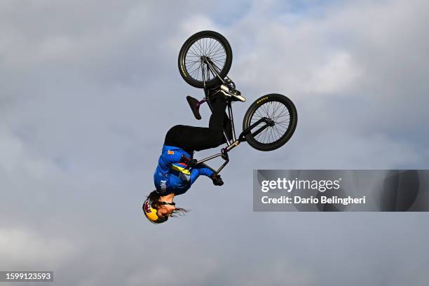 Queen Villegas Serna of Colombia competes in her first run during the BMX Freestyle Park, women elite - final at the 96th UCI Glasgow 2023 Cycling...