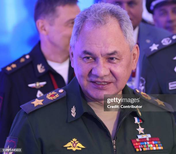 Russian Defense Minister Sergei Shoigu speeches while visiting the Army 2023 Exhibition on August 14, 2023 in Kubinka, Russia. More than 1500 local...