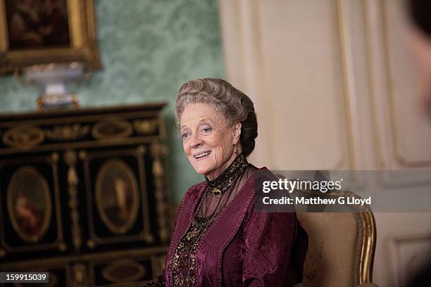 On set of Downton Abbey during production of series III with Maggie Smith as Violet Crawley, Dowager Countess of Grantham is photographed for the Los...