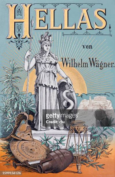 book title hellas, 1895, goddess athena - athena greek goddess stock illustrations