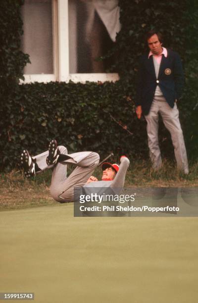 British golfer Ken Brown reacts after missing a shot at the 18th during the Ryder Cup golf competition held at the Lytham St Annes Golf Club in...