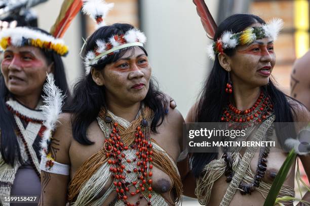 Graphic content / Members of the Waorani indigenous community demonstrate for peace, for nature and to promote a Yes vote in an upcoming referendum...