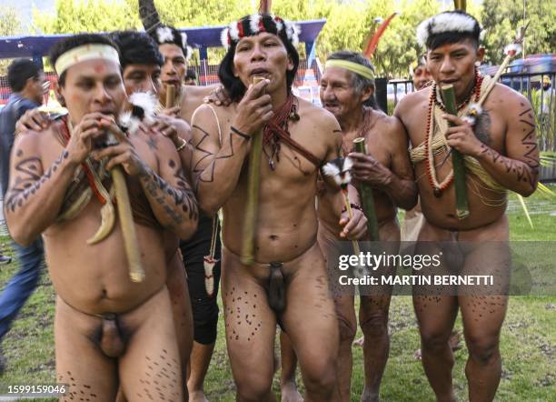 Graphic content / Members of the Waorani indigenous community demonstrate for peace, for nature and to promote a Yes vote in an upcoming referendum...