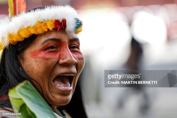 Member of the Waorani indigenous community demonstrates for peace, for nature and to promote a Yes vote in an upcoming referendum to end oil drilling...