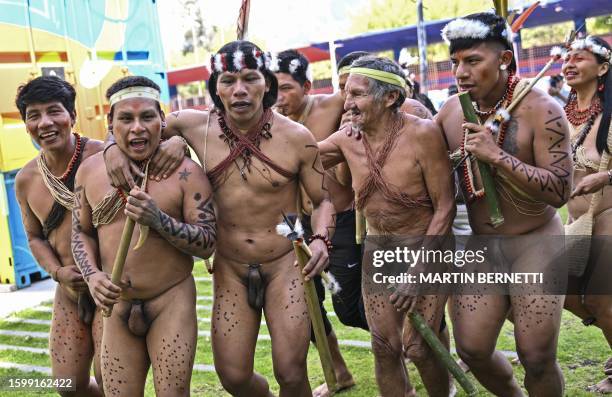 Graphic content / Members of the Waorani indigenous community demonstrate for peace, for nature and to promote a Yes vote in an upcoming referendum...