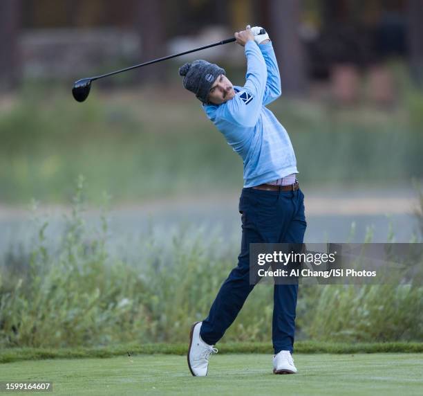 Carson Young of the United States tees off on hole during the first round of the Barracuda Championship at Old Greenwood on July 20, 2023 in Truckee,...