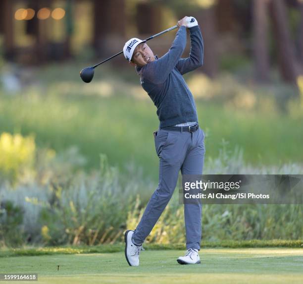 David Lipsky of the United States tees off on hole during the first round of the Barracuda Championship at Old Greenwood on July 20, 2023 in Truckee,...