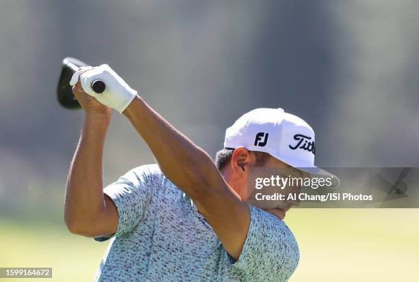 Sung Kang of South Korea tees off on hole during the first round of the Barracuda Championship at Old Greenwood on July 20, 2023 in Truckee,...