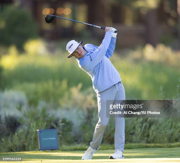 Joel Dahmen of the United States tees off on hole during the first round of the Barracuda Championship at Old Greenwood on July 20, 2023 in Truckee,...
