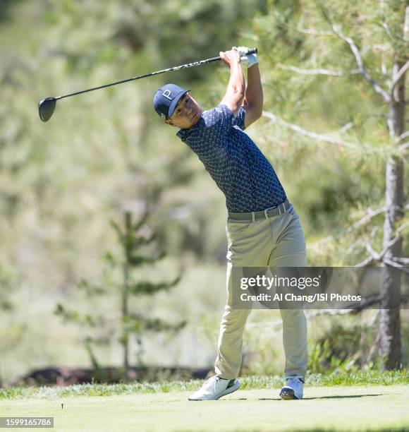 Justin Suh of the United States tees off on hole during the first round of the Barracuda Championship at Old Greenwood on July 20, 2023 in Truckee,...