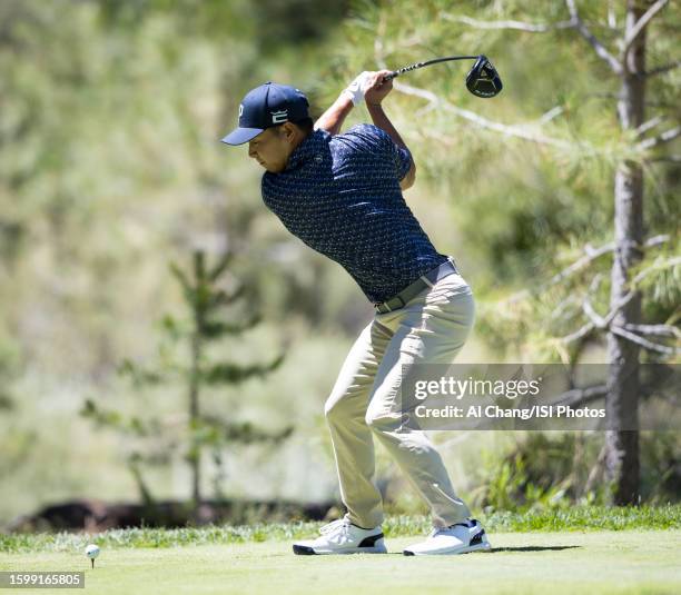 Justin Suh of the United States tees off on hole during the first round of the Barracuda Championship at Old Greenwood on July 20, 2023 in Truckee,...