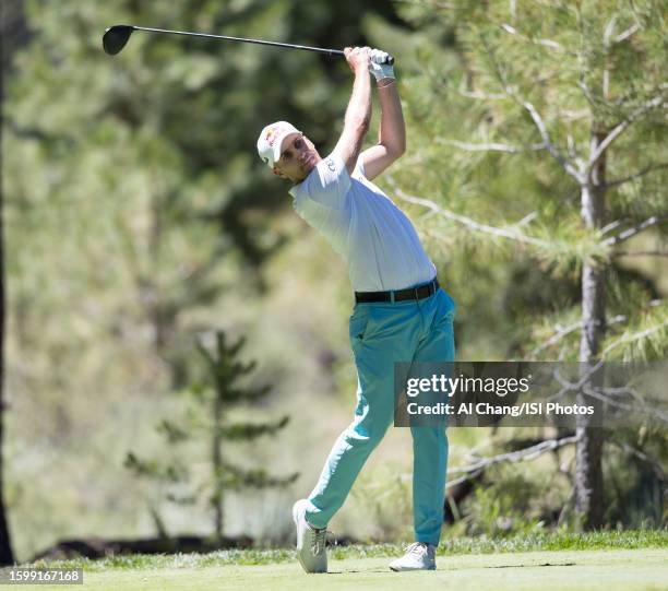 Matthias Schwab of Austria tees off on hole during the first round of the Barracuda Championship at Old Greenwood on July 20, 2023 in Truckee,...