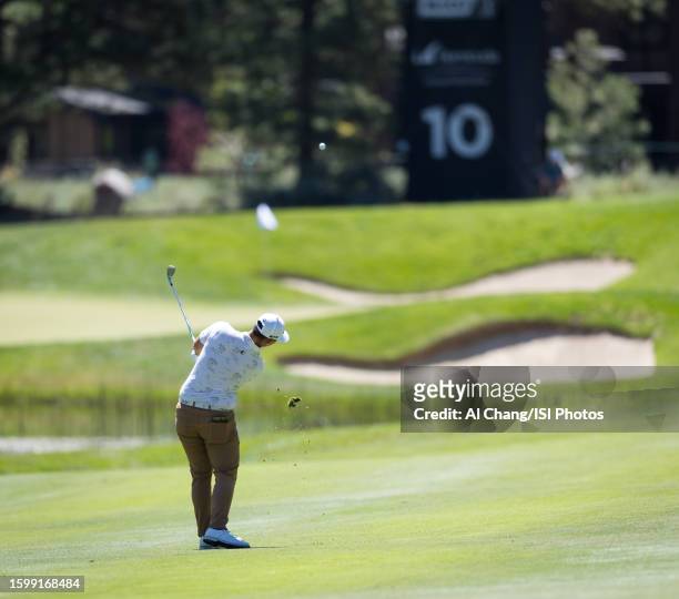 Rico Hoey of the United States hits an approach shot on hole during the first round of the Barracuda Championship at Old Greenwood on July 20, 2023...