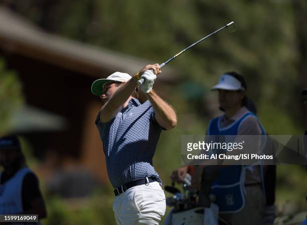 Doc Redman of the United States tees off on hole during the first round of the Barracuda Championship at Old Greenwood on July 20, 2023 in Truckee,...