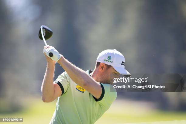 Marcel Schneider of Germany tees off on hole during the first round of the Barracuda Championship at Old Greenwood on July 20, 2023 in Truckee,...