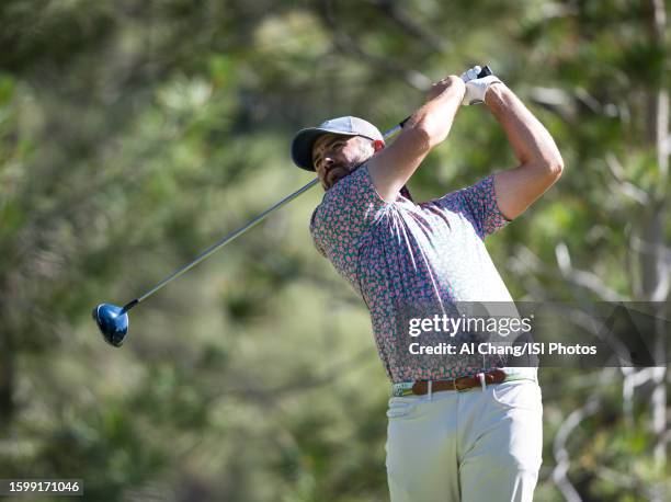 Wesley Bryan of the United States tees off on hole during the first round of the Barracuda Championship at Old Greenwood on July 20, 2023 in Truckee,...