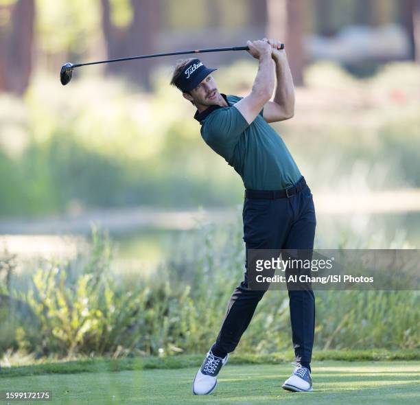 Trevor Cone of the United States tees off on hole during the first round of the Barracuda Championship at Old Greenwood on July 20, 2023 in Truckee,...