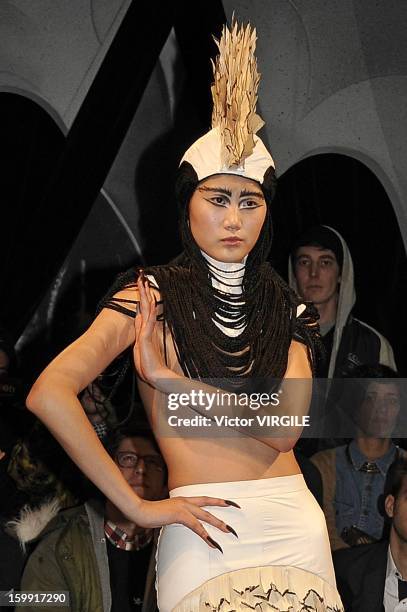 Model presents a creation made with hair by Charlie Le Mindu, hairdresser and designer, during a 'Haute Coiffure' fashion show during Spring/Summer...