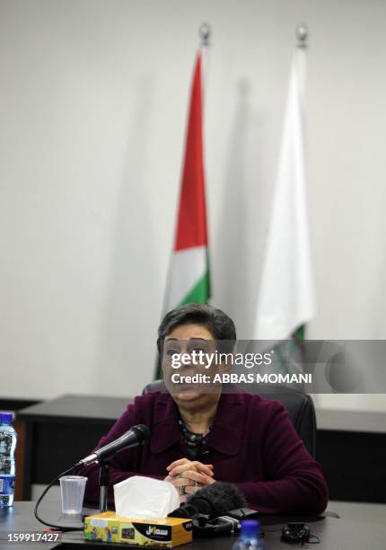 Palestine Liberation Organisation executive committe member Hanan Ashrawi speaks during a press conference in the West Bank city of Ramallah, on...