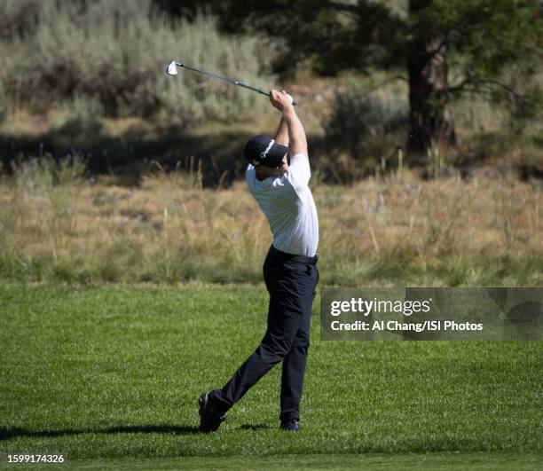 Adam Long of the United States hits an approach shot on hole during the first round of the Barracuda Championship at Old Greenwood on July 20, 2023...