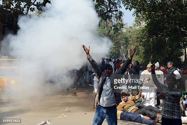 Supporters during a protest at Rohini district court in New Delhi on Tuesday. The court awarded 10 years in jail to former Haryana Chief Minister and...