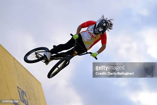 Huimin Zhou of People's Republic of China competes in her first run during the BMX Freestyle Park, women elite - final at the 96th UCI Glasgow 2023...