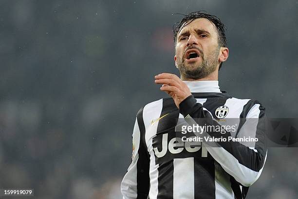 Mirko Vucinic of Juventus reacts during the Serie A match between Juventus and Udinese Calcio at Juventus Arena on January 19, 2013 in Turin, Italy.