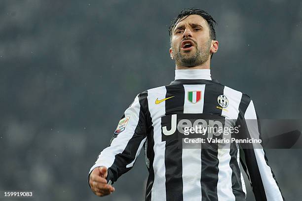 Mirko Vucinic of Juventus reacts during the Serie A match between Juventus and Udinese Calcio at Juventus Arena on January 19, 2013 in Turin, Italy.
