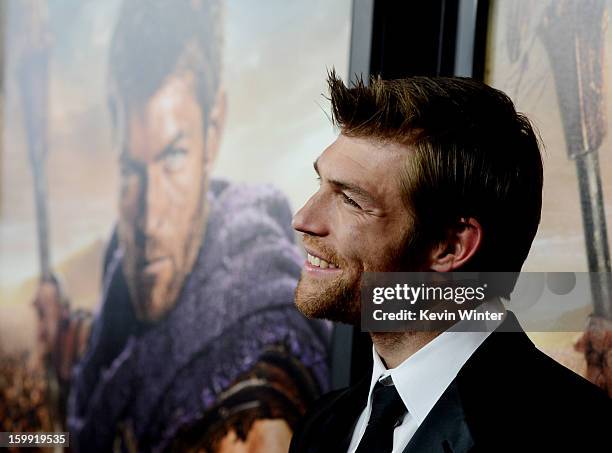 Actor Liam McIntyre arrives at the premiere of Starz's "Spartacus: War Of The Damned" at the Regal Cinemas L.A. Live on January 22, 2013 in Los...